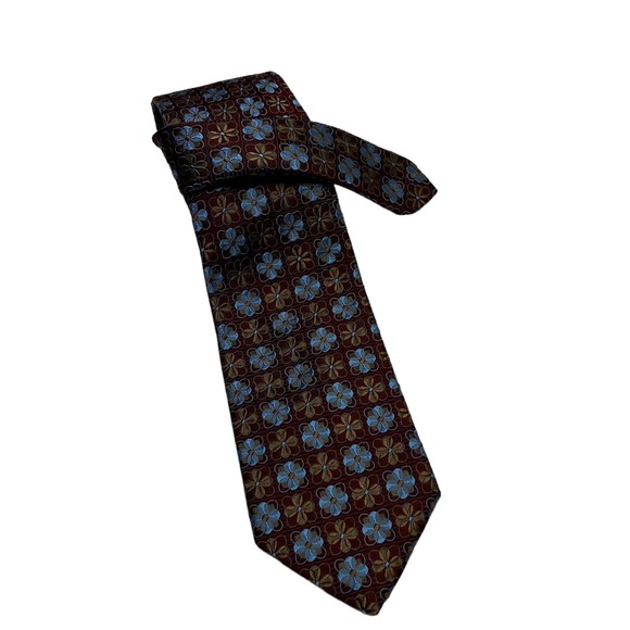 XMI Platinum Men's Neck Tie Floral Embroidered Blue & Tan - Picture 1 of 10